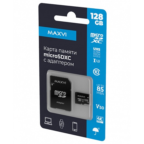 128Gb карта памяти MAXVI microSD + SD адаптер class10 UHC-I