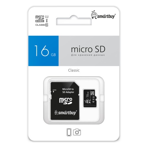16Гб карта памяти SMARTBUY microSD + SD адаптер class10 UHS-I BLUE