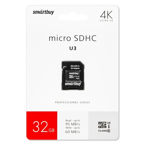 32Gb карта памяти SMARTBUY microSD + SD адаптер class10 U3 V30  R/W:90/55 MB/s