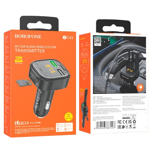 Авто FM модулятор BOROFONE BC43 (2USB QC3.0/TF/дисплей) черный