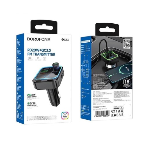 Авто FM модулятор BOROFONE BC53 (2USB QC3.0/PD 20W/дисплей) черный