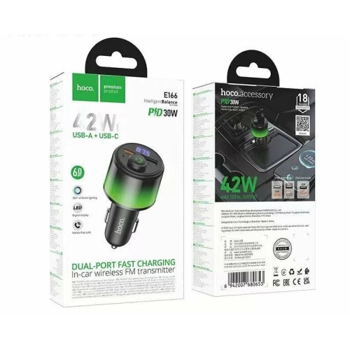 Авто FM модулятор HOCO E166 (USB QC3.0/PD 30W/дисплей) черный