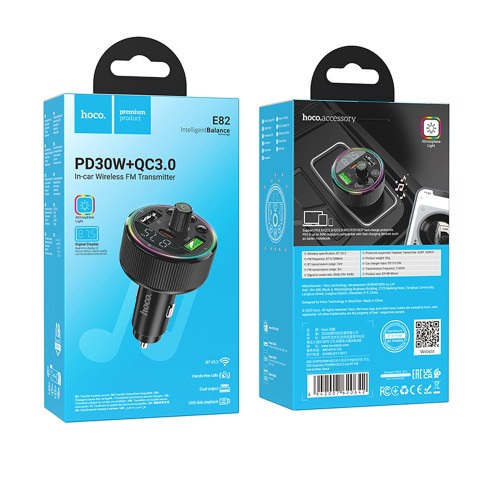 Авто FM модулятор HOCO E82 (2USB QC3.0/PD 30W/дисплей) черный