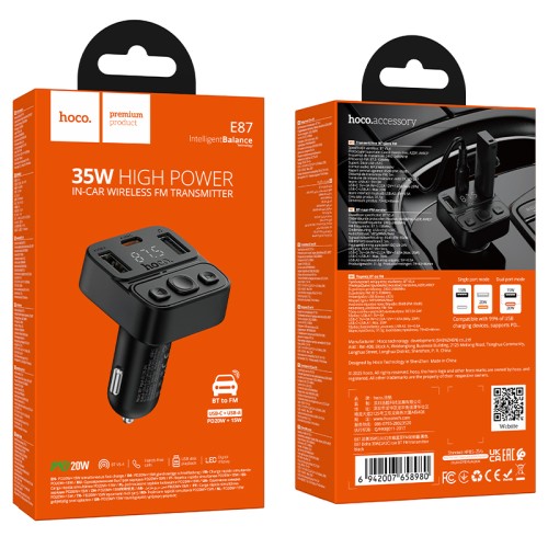 Авто FM модулятор HOCO E87 (2USB/PD 20W) черный