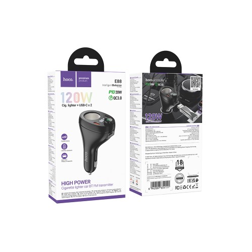 Авто FM модулятор HOCO E88 (USB QC3.0/2PD 20W/дисплей) черный