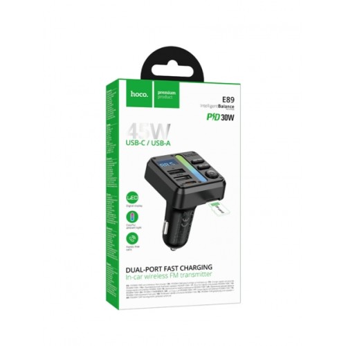 Авто FM модулятор HOCO E89 (2USB 3A/PD 30W/TF/дисплей) черный