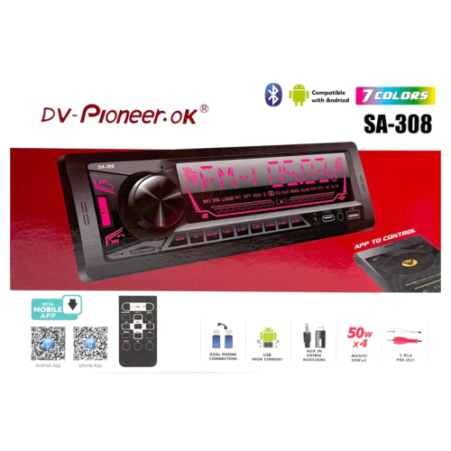 Автомагнитола Pioneeir SA-308 (Bluetooth/USB/AUX/FM/пульт)