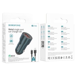 Автомобильное ЗУ BOROFONE BZ19A + кабель Micro USB (USB QC3.0/18W) синее