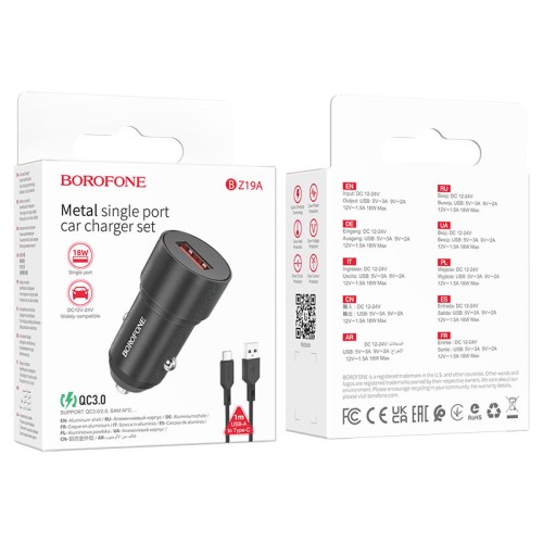 Автомобильное ЗУ BOROFONE BZ19A + кабель Type-C (1USB QC3.0/18W) черное