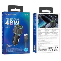 Автомобильное ЗУ BOROFONE Bz21 + кабель Lightning/Type-C (1USB QC3.0/PD 48W) карбон черное