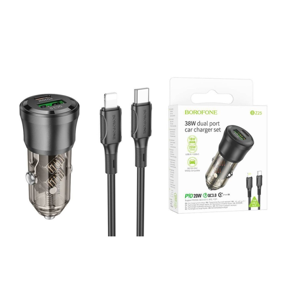Автомобильное ЗУ BOROFONE BZ25 + кабель Lightning/Type-C черное