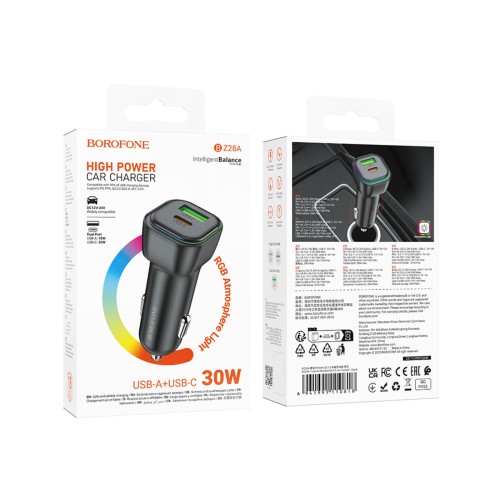 Автомобильное ЗУ BOROFONE BZ28A (USB/PD 30W) черное