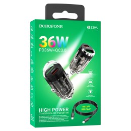 Автомобильное ЗУ BOROFONE BZ29A + кабель Lightning/Type-C (1USB QC3.0/PD 36W) черный