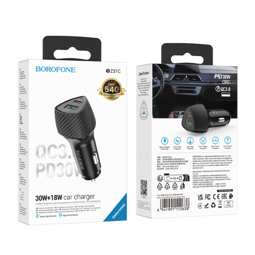 Автомобильное ЗУ BOROFONE BZ31C (USB QC3.0/PD 30W) черное