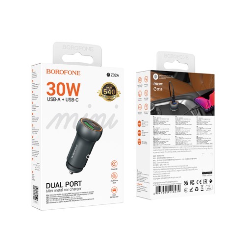 Автомобильное ЗУ BOROFONE BZ32A (USB CQ3.0/PD 30W) серый металл