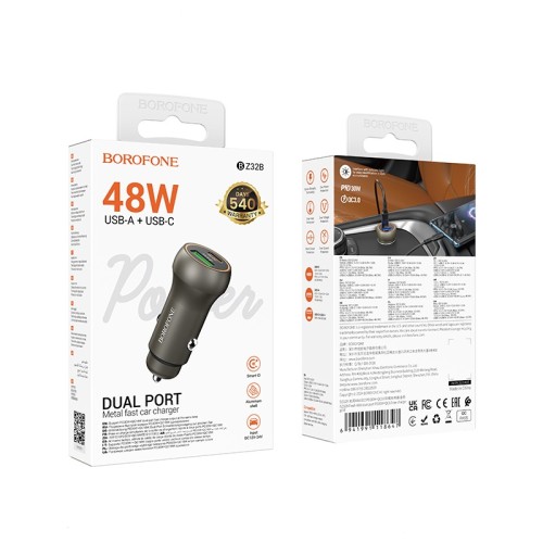 Автомобильное ЗУ BOROFONE BZ32B (USB QC3.0/PD 30W) серый металл