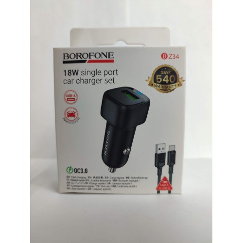 Автомобильное ЗУ BOROFONE BZ34 + кабель Type-C (USB/18W) черное