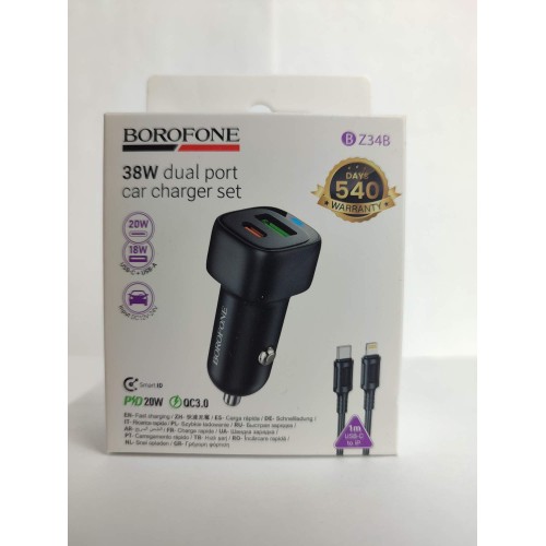 Автомобильное ЗУ BOROFONE BZ34B + кабель Lightning/Type-C (USB QC3.0/PD 20W) черное
