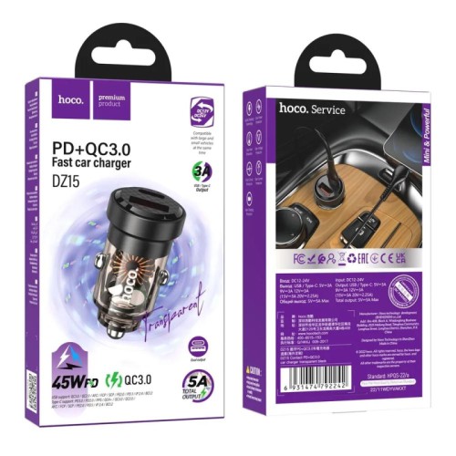 Автомобильное ЗУ HOCO DZ15 (USB QC3.0/PD 45W) черное