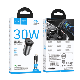 Автомобильное ЗУ HOCO NZ16 + кабель Lightning/Type-C (PD 30W) серый металл