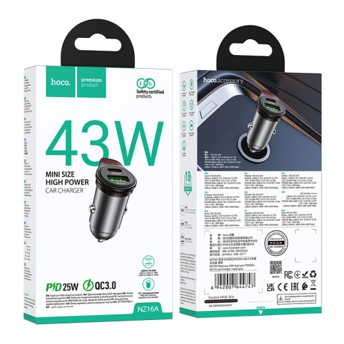 Автомобильное ЗУ HOCO NZ16A (USB QC3.0/PD 25W/W43) серый металл