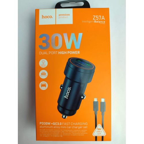 Автомобильное ЗУ HOCO Z57A + кабель lightning/Type-C (USB QC3.0/PD 30W) серый металл