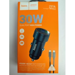 Автомобильное ЗУ HOCO Z57A + кабель Type-С/Type-C (USB QC3.0/PD 30W) серый металл