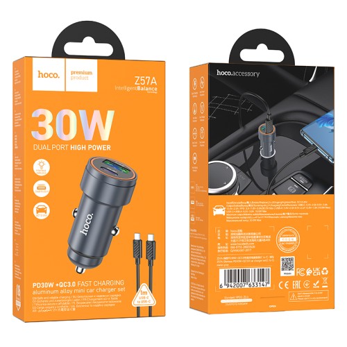 Автомобильное ЗУ HOCO Z57A + кабель Type-С/Type-C (USB QC3.0/PD 30W) серый металл