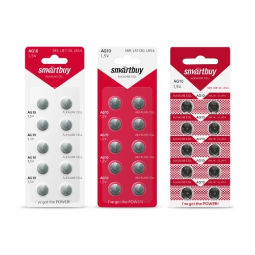 Батарейка алкалиновая AG10 SMARTBUY 1.5V (389/SR1130/LR1130/LR54/189/GP89A) (цена 1шт, блистер 10шт)