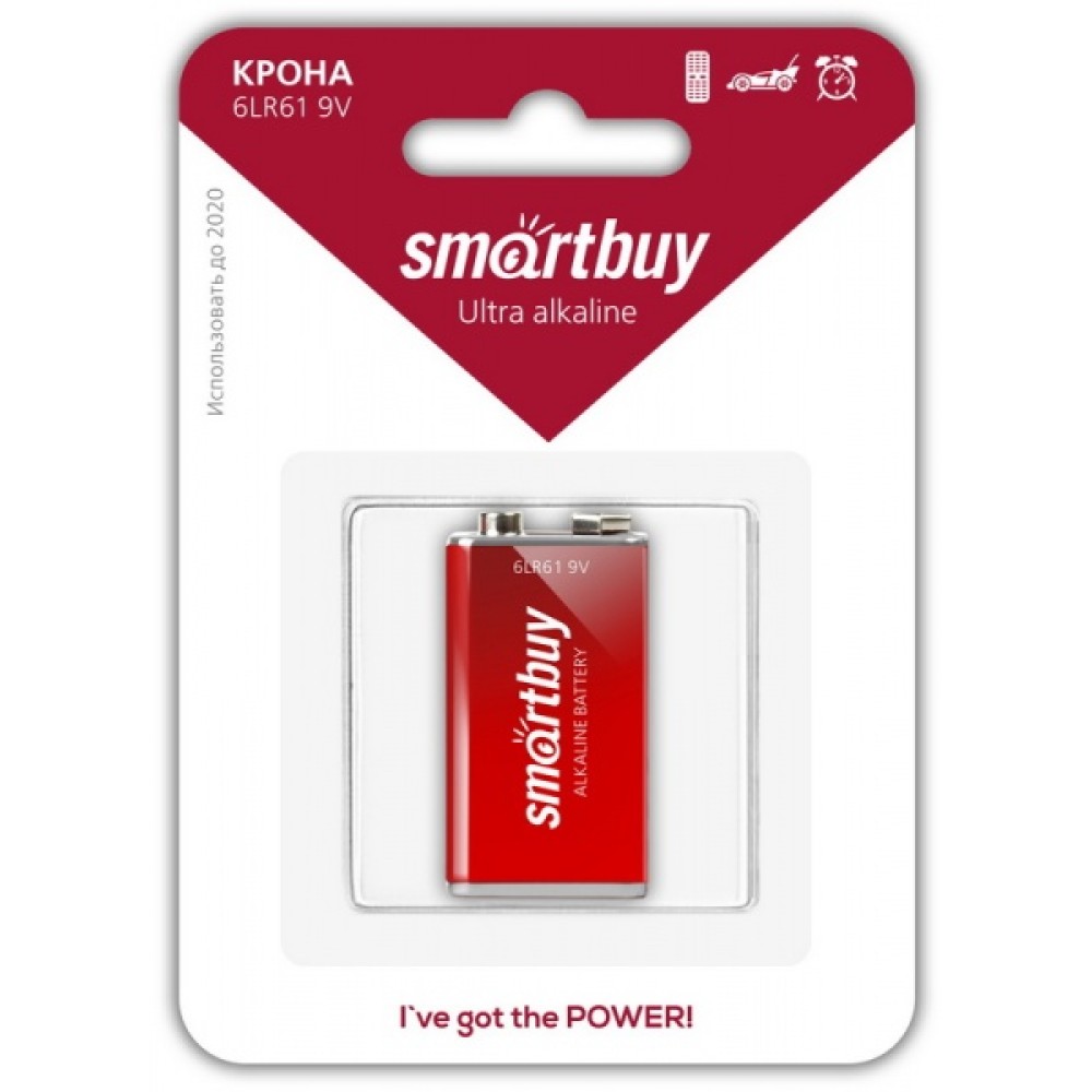 Батарейка алкалиновая КРОНА (6LR61) SMARTBUY 9V (блистер 1шт)