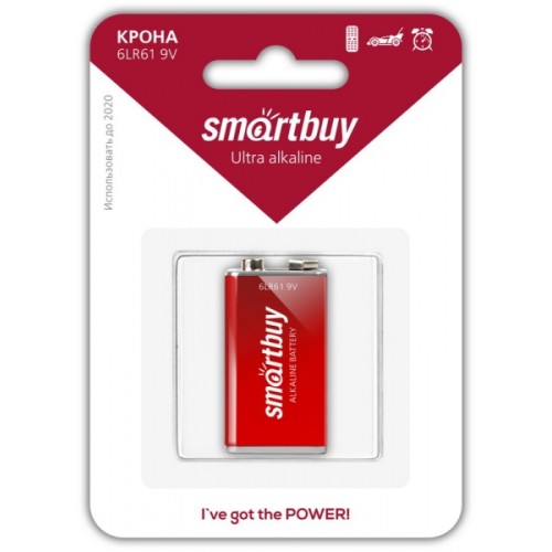 Батарейка алкалиновая КРОНА (6LR61) SMARTBUY 9V (блистер 1шт)