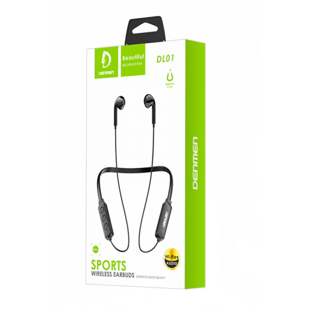 Беспроводные спорт наушники DENMEN DL01 (5 ч/90 mAh) черные