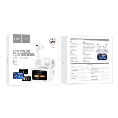 Беспроводные TWS наушники HOCO EW72 (4 ч/300 mAh/сенсорный экран) белые