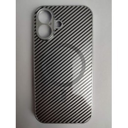Чехол пластиковый iPhone 16 карбон серебристый