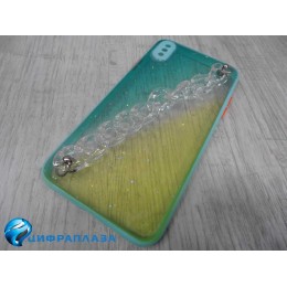 Чехол силикон-пластик iPhone XS Max блестки с ремешком бирюзовый