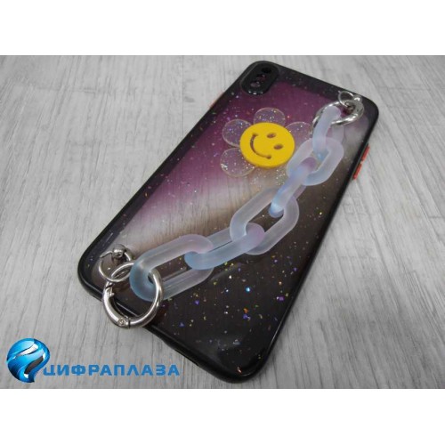Чехол силикон-пластик iPhone XS Max блестки с ремешком черный