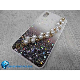 Чехол силикон-пластик iPhone XS Max звездопад с ремешком белый с черным