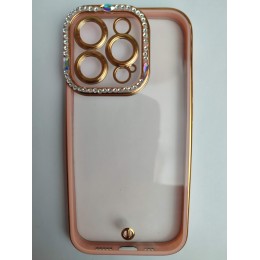 Чехол силиконовый iPhone 14 Pro ободок со стразами и защитой камеры розовый