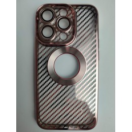 Чехол силиконовый iPhone 14 Pro под карбон с открытым лого и защитой камеры светло-розовый