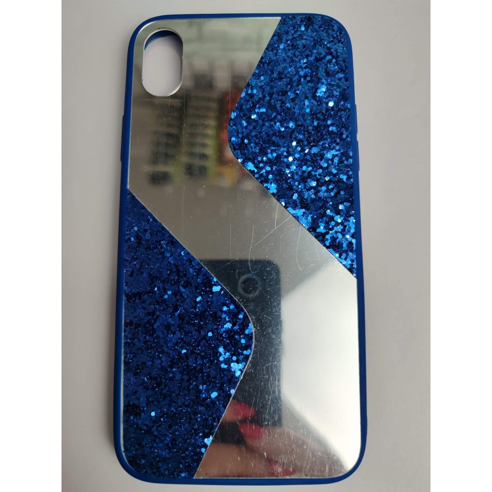 Чехол силиконовый iPhone XR с блестками и зеркалом синий