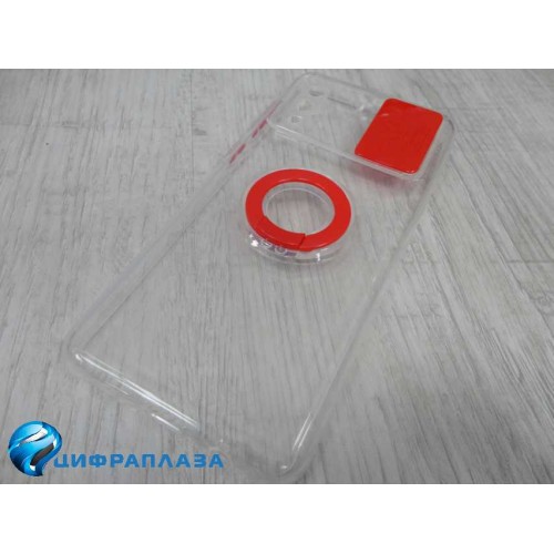 Чехол силиконовый Samsung A02/M02 прозрачный с кольцом и защитой на камеру красный