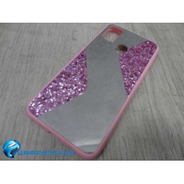Чехол силиконовый Samsung M21 с блестками и зеркалом розовый