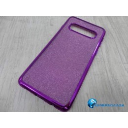 Чехол силиконовый Samsung S10 с хром контуром и блестками стразы по бокам фиолетовый