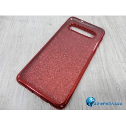 Чехол силиконовый Samsung S10 с хром контуром и блестками стразы по бокам красный