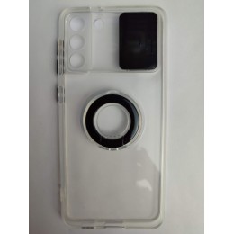 Чехол силиконовый Samsung S21 Plus прозрачный с кольцом и защитой на камеру черный