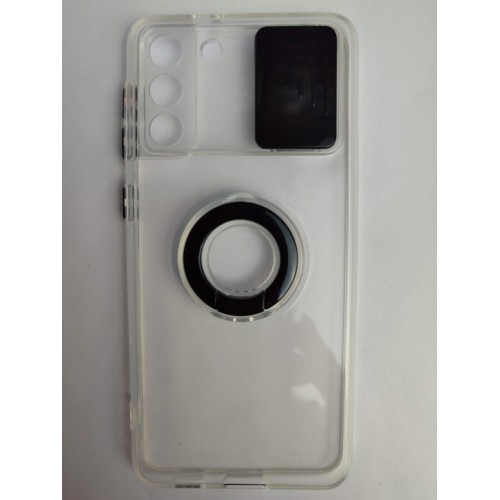 Чехол силиконовый Samsung S21 Plus прозрачный с кольцом и защитой на камеру черный