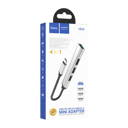 Хаб Type-C HOCO HB26 (4 порта 1USB3.0 + 3USB2.0) серебристый