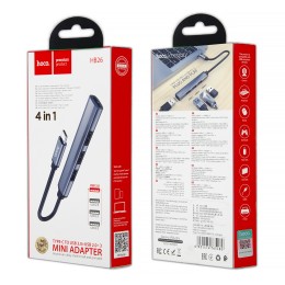 Хаб Type-C HOCO HB26 (4 порта 1USB3.0 + 3USB2.0) серый металлик