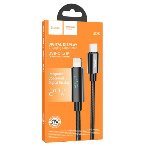 Кабель Lightning - Type-C HOCO U125 (27W/3A/1.2m/дисплей/текстиль) черные