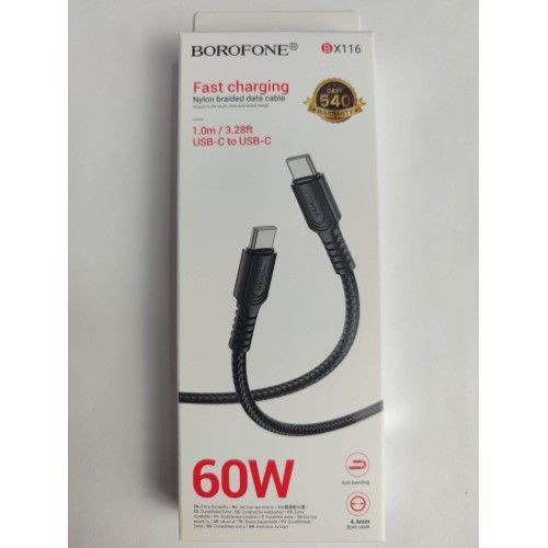 Кабель Type-C - Type-C BOROFONE BX116 (60W/1m/текстиль) черный